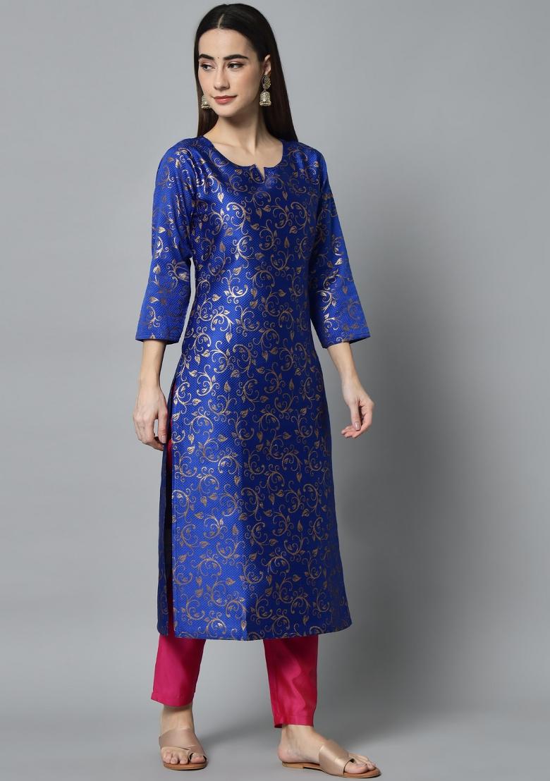 Blue Woven Cotton Blend Salwar Kameez With Dupatta