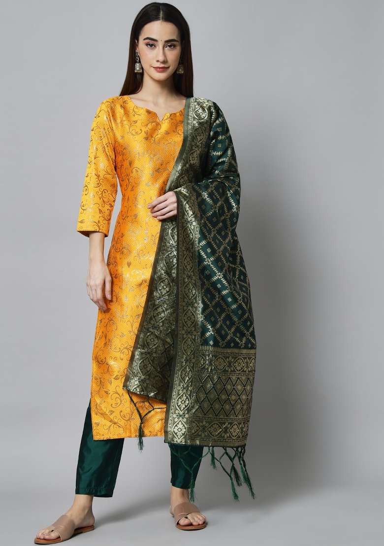 Yellow Jacquard Blended Straight Kurta Set - Indya