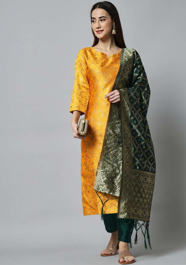 Yellow Jacquard Blended Straight Kurta Set - Indya