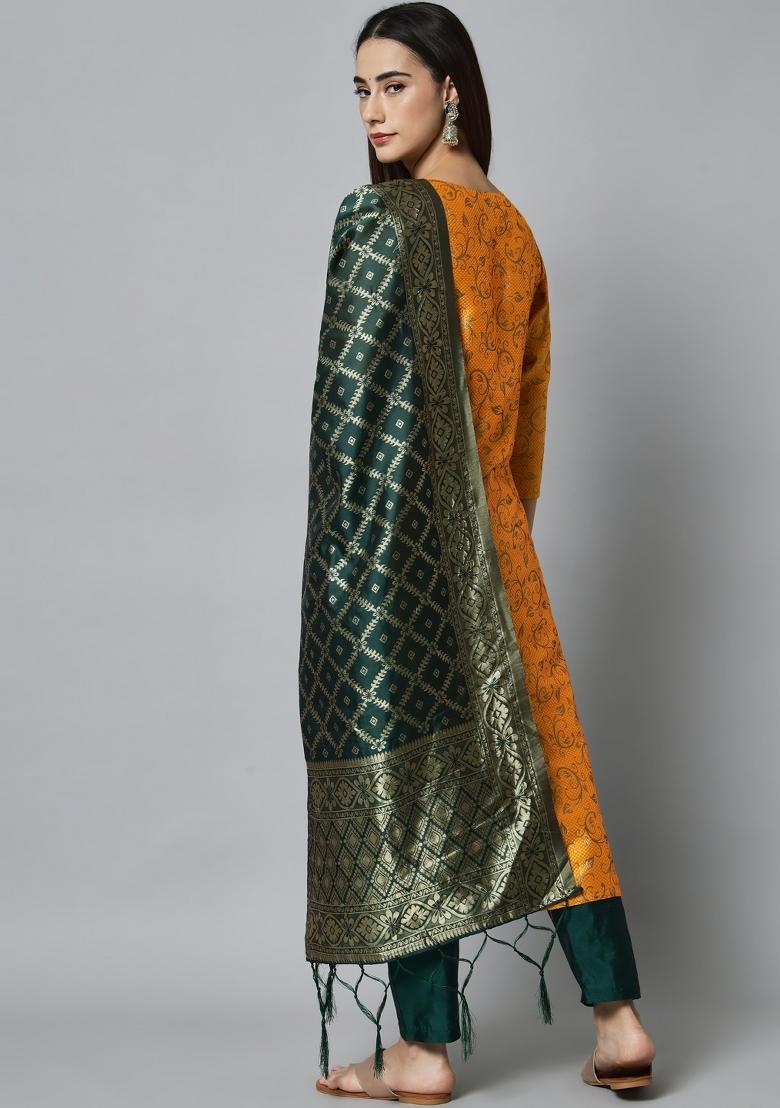 Yellow Woven Cotton Blend Salwar Kameez With Dupatta