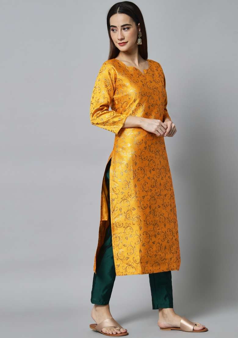Yellow Jacquard Blended Straight Kurta Set - Indya