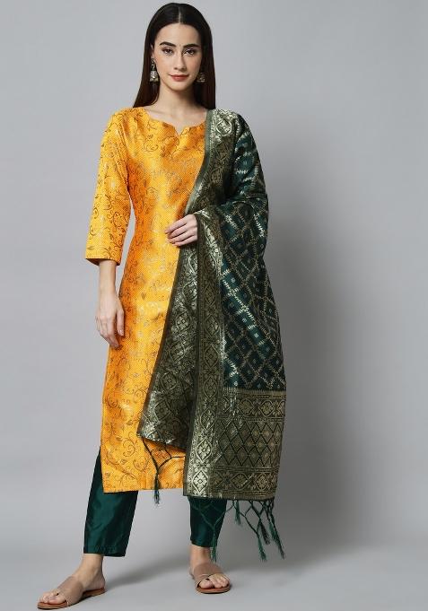 Yellow Woven Cotton Blend Salwar Kameez With Dupatta