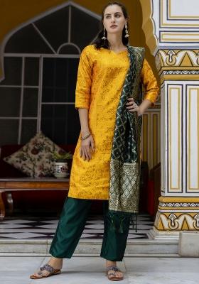 Yellow Woven Cotton Blend Salwar Kameez With Dupatta