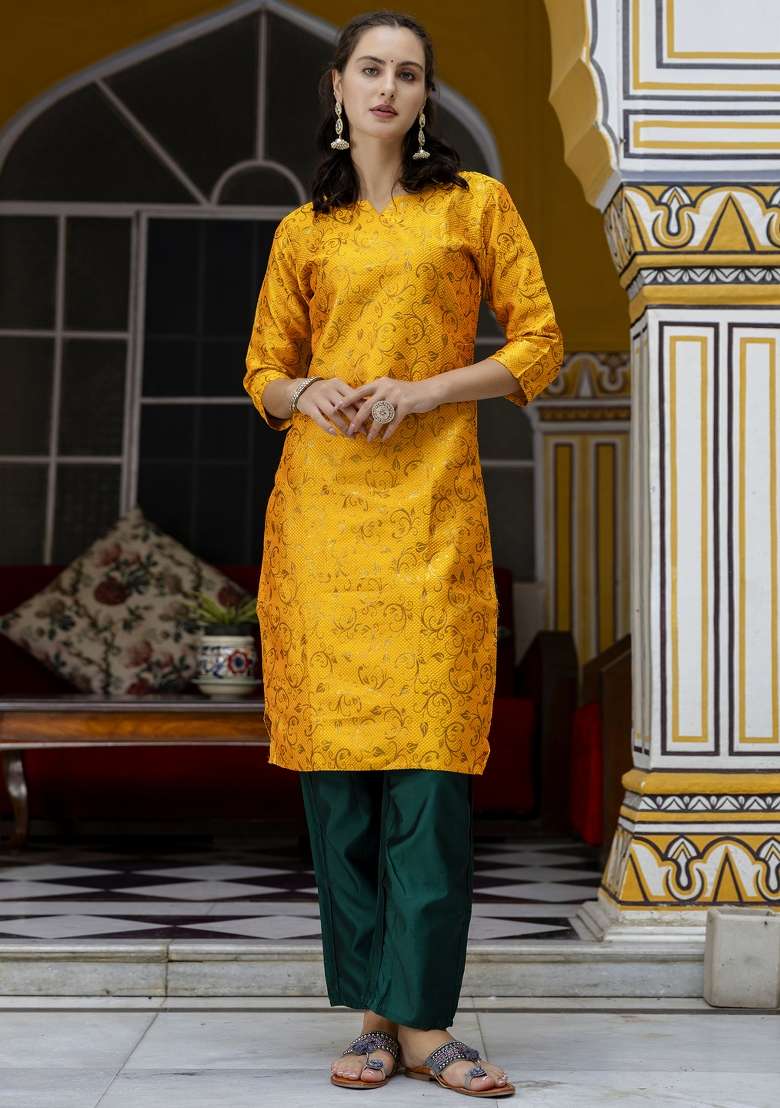 Yellow Jacquard Blended Straight Kurta Set - Indya
