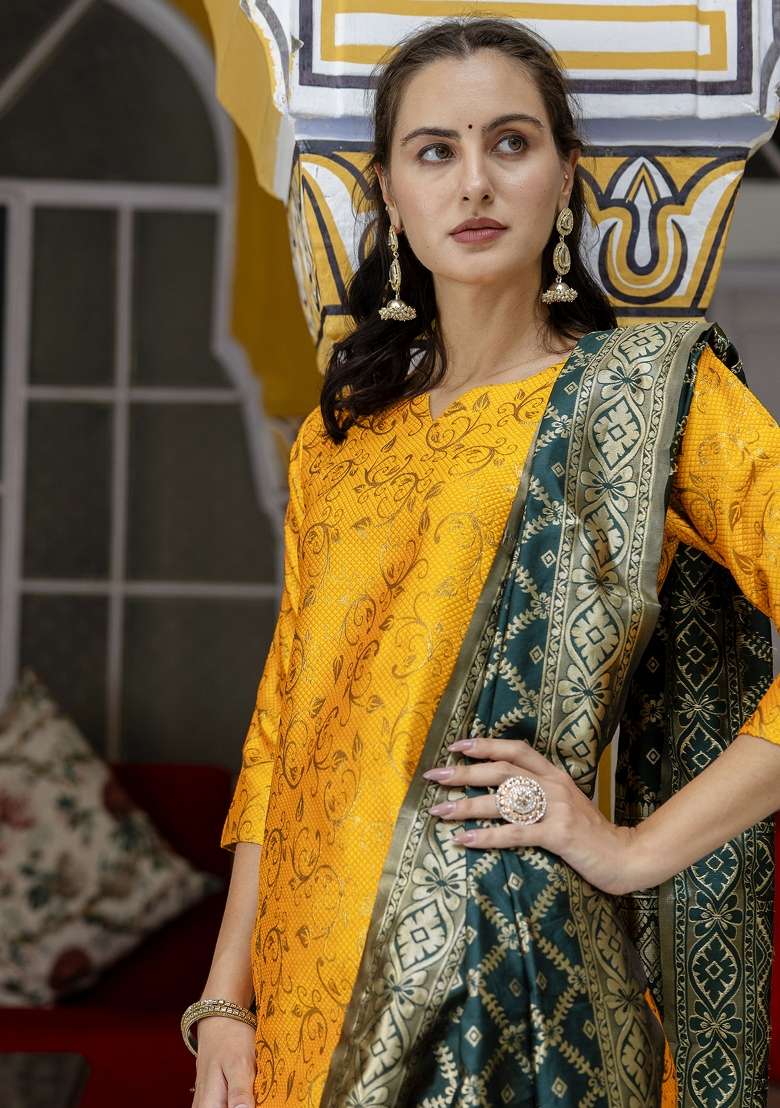 Yellow Jacquard Blended Straight Kurta Set - Indya