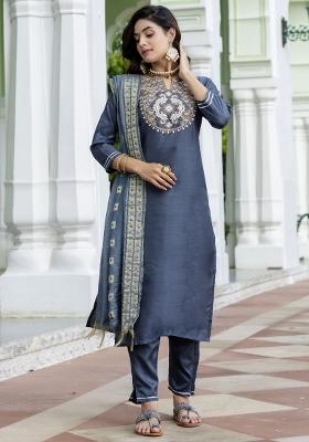 Grey Embroidered Cotton Blend Salwar Kameez With Dupatta