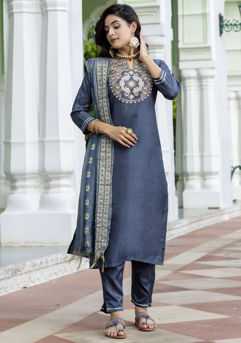 Grey Embroidered Blended Straight Kurta Set - Indya
