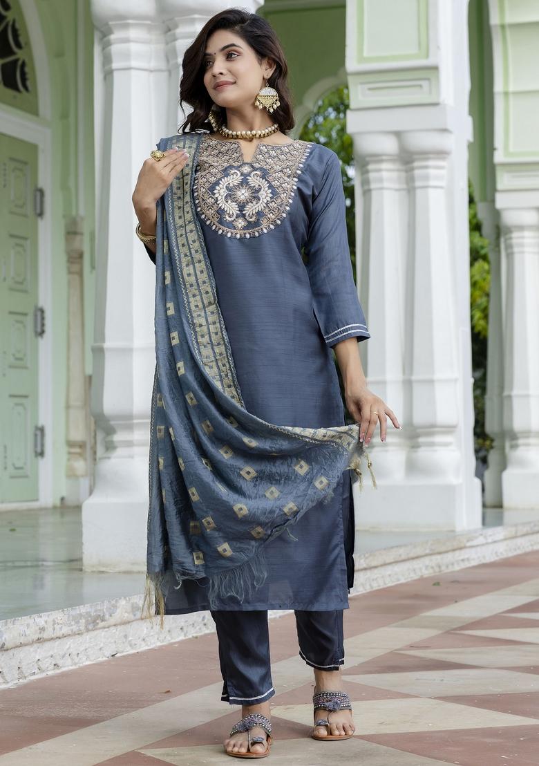 Grey Embroidered Cotton Blend Salwar Kameez With Dupatta