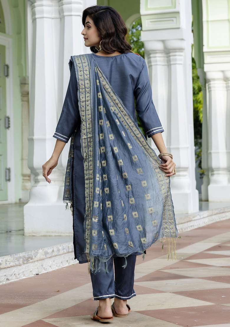Grey Embroidered Blended Straight Kurta Set - Indya