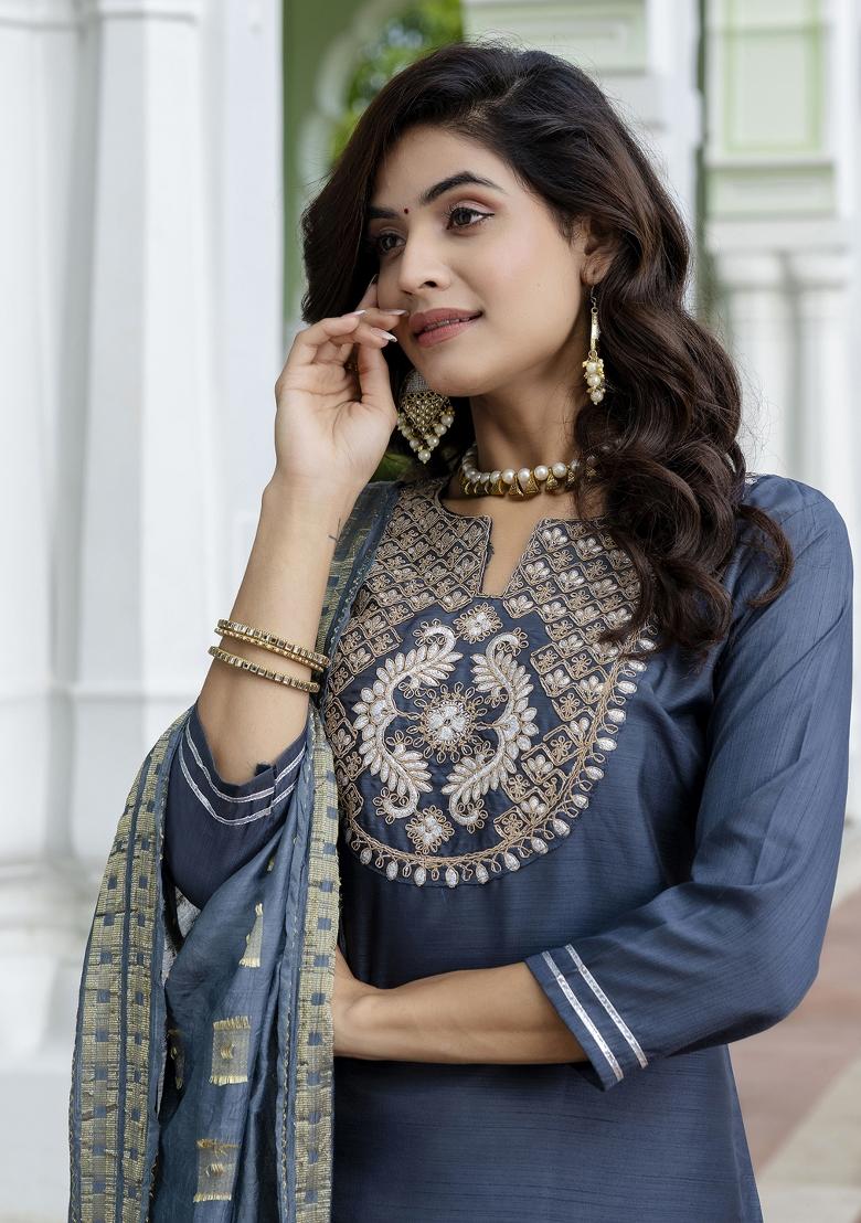 Grey Embroidered Cotton Blend Salwar Kameez With Dupatta