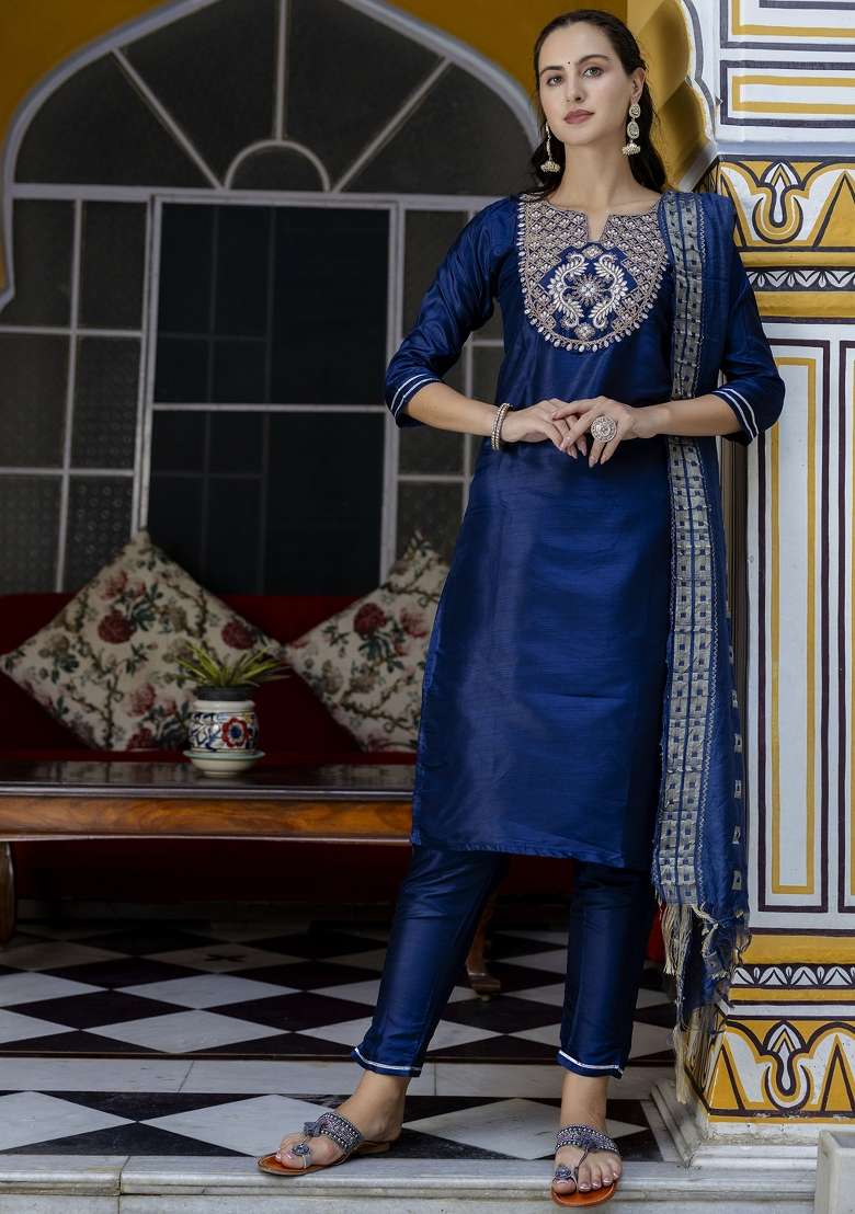 Navy Blue Embroidered Cotton Straight Kurta Set - Indya
