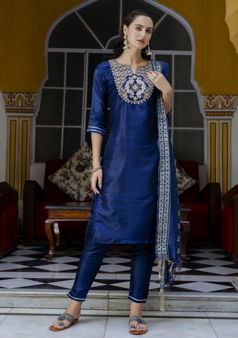 Navy Blue Embroidered Cotton Blend Salwar Kameez With Dupatta