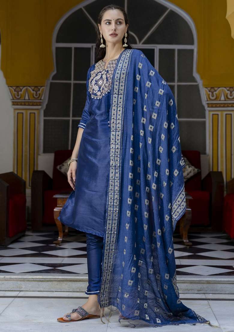 Navy Blue Embroidered Cotton Straight Kurta Set - Indya