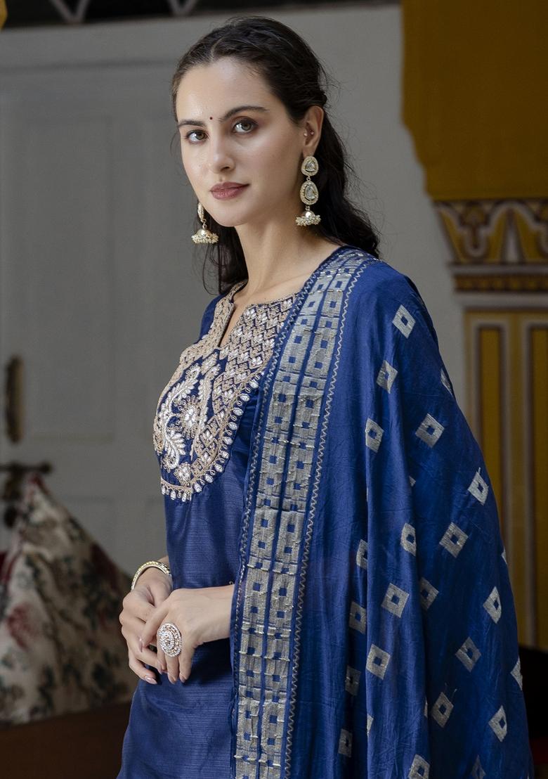 Navy Blue Embroidered Cotton Blend Salwar Kameez With Dupatta