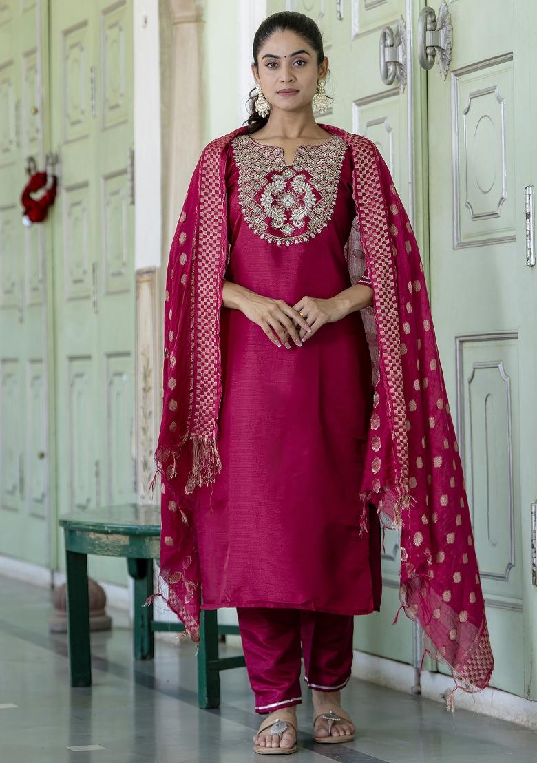 Red Embroidered Cotton Blend Salwar Kameez With Dupatta