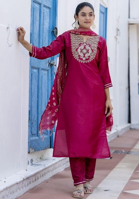 Red Embroidered Cotton Blend Salwar Kameez With Dupatta