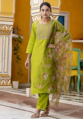 Green Embroidered Cotton Blend Salwar Kameez With Dupatta