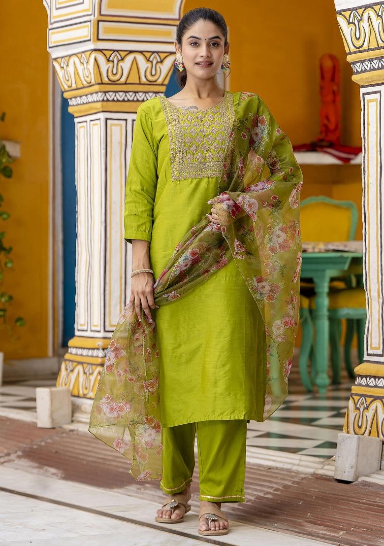 Green Embroidered Cotton Blend Salwar Kameez With Dupatta