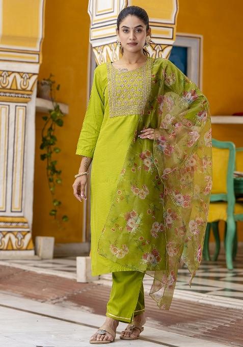 Green Embroidered Blended Straight Kurta Set