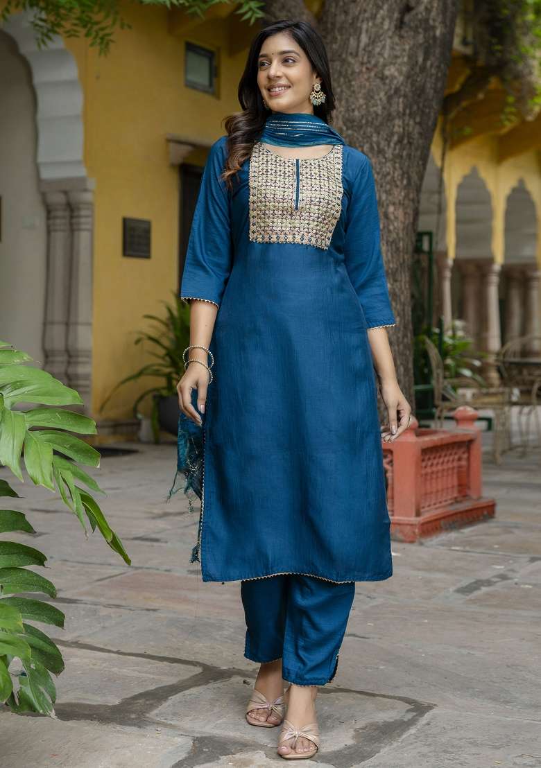 Teal Embroidered Blended Straight Kurta Set - Indya