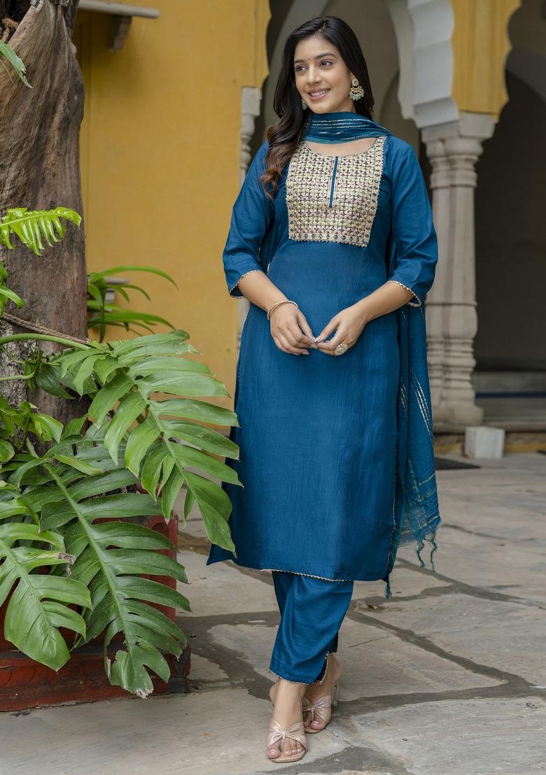 Teal Embroidered Cotton Blend Salwar Kameez With Dupatta