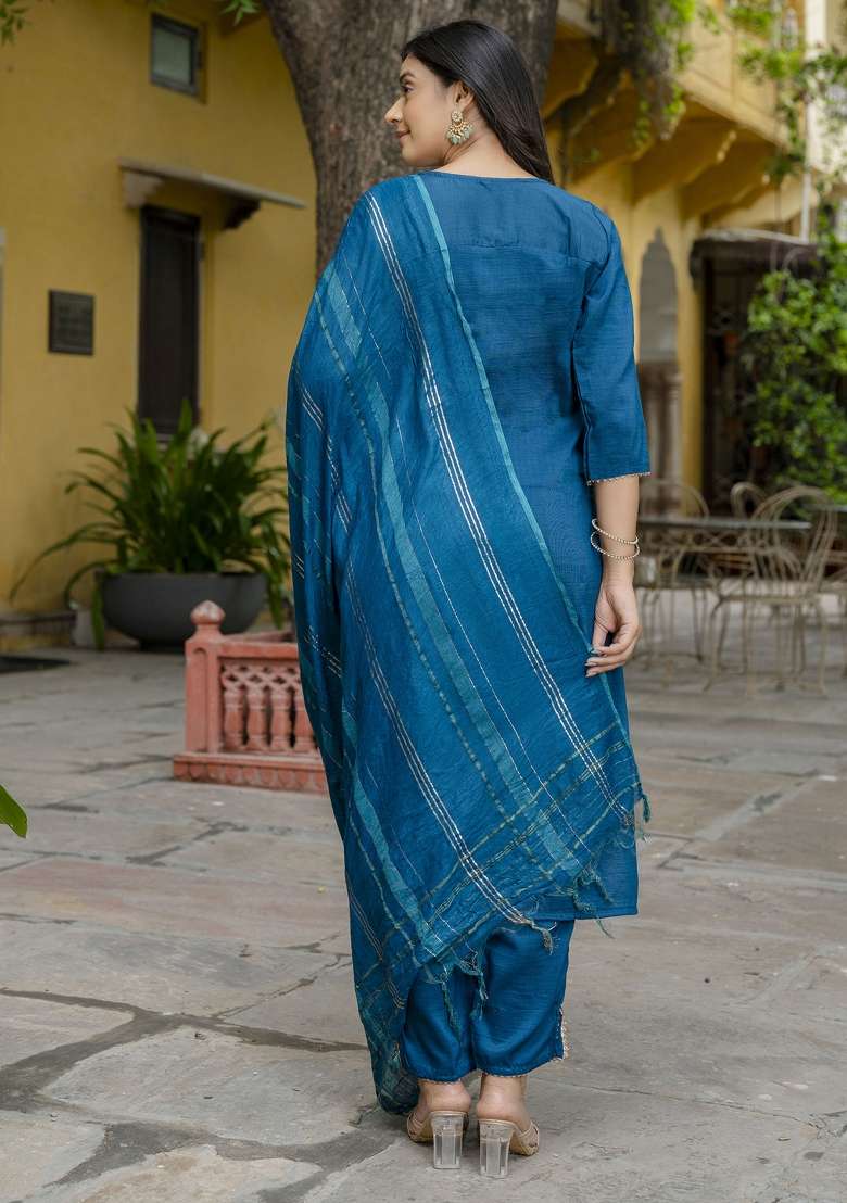 Teal Embroidered Blended Straight Kurta Set - Indya