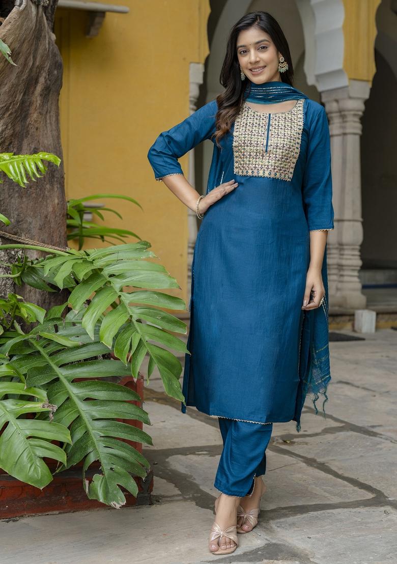 Teal Embroidered Cotton Blend Salwar Kameez With Dupatta