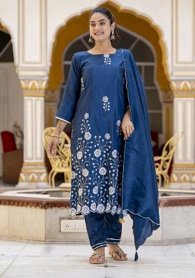 Teal Embroidered Cotton Blend Salwar Kameez With Dupatta