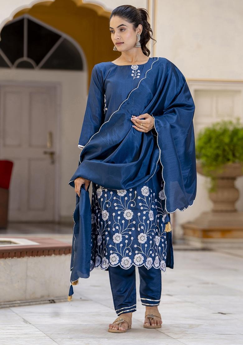 Teal Embroidered Cotton Blend Salwar Kameez With Dupatta