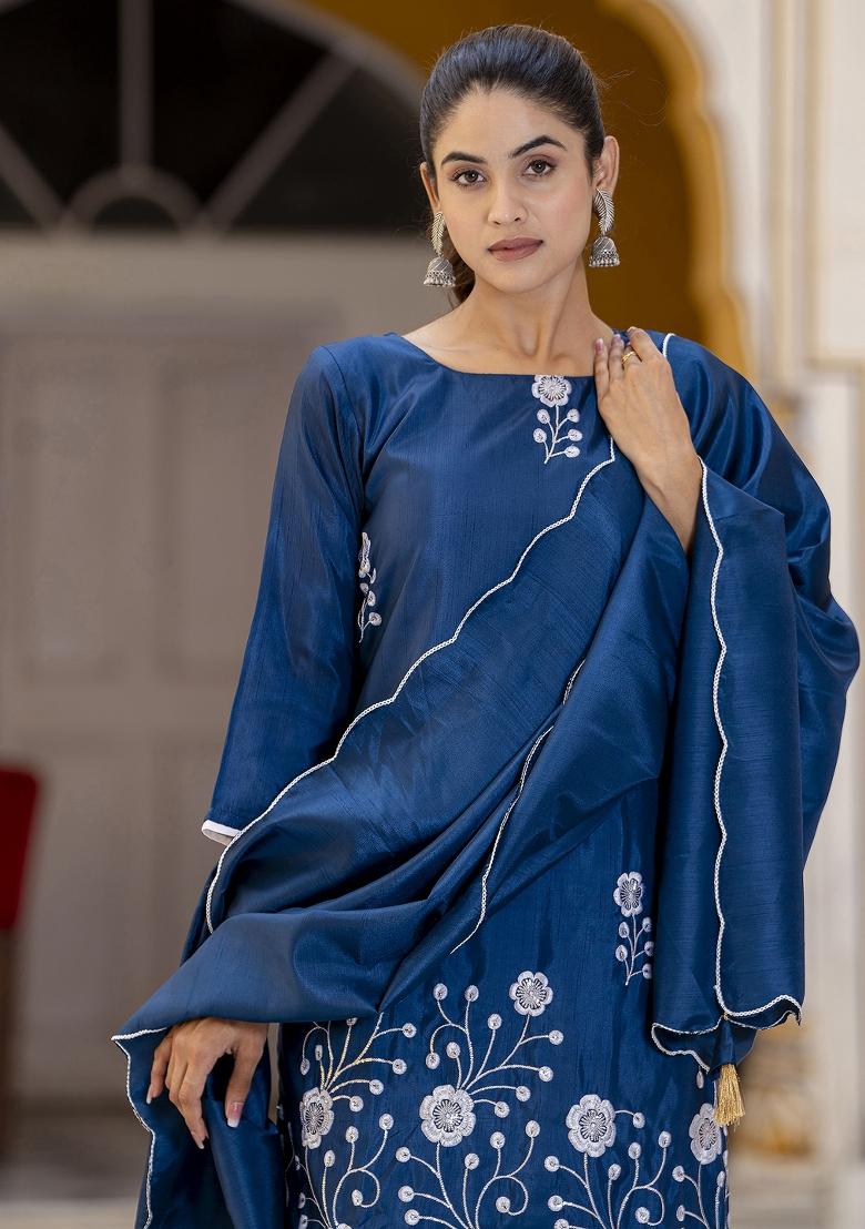 Teal Embroidered Cotton Blend Salwar Kameez With Dupatta