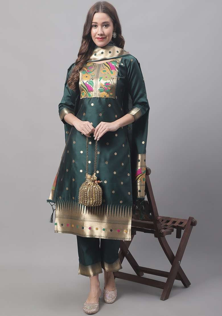 Green Jacquard Blended Straight Kurta Set - Indya