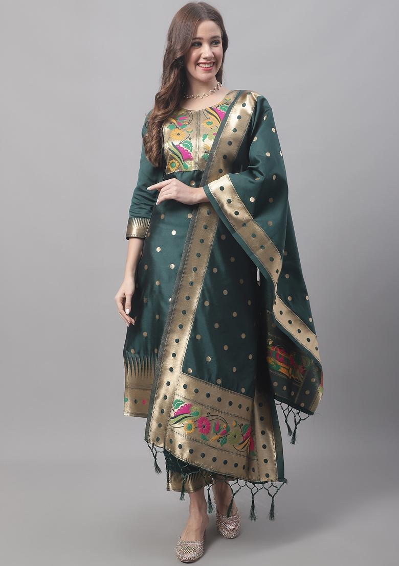 Green Woven Cotton Blend Salwar Kameez With Dupatta