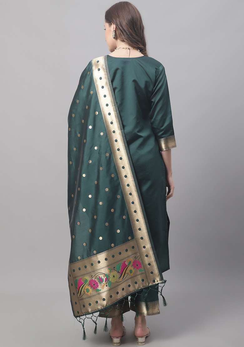 Green Jacquard Blended Straight Kurta Set - Indya
