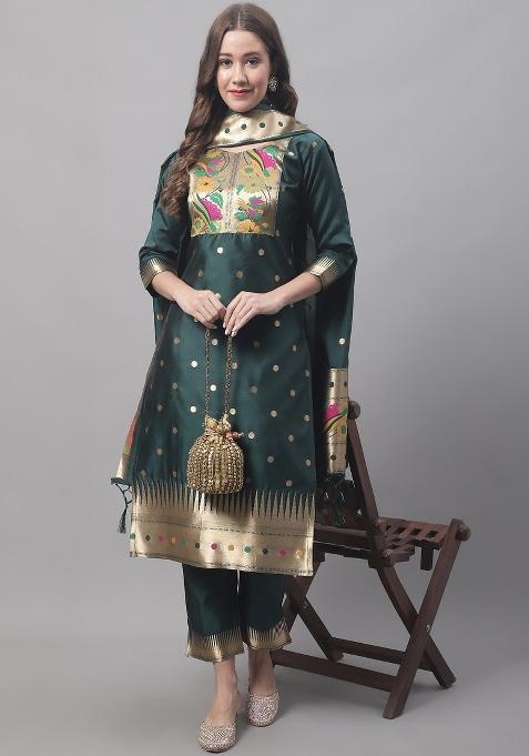 Green Woven Cotton Blend Salwar Kameez With Dupatta