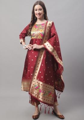 Maroon Woven Cotton Blend Salwar Kameez With Dupatta