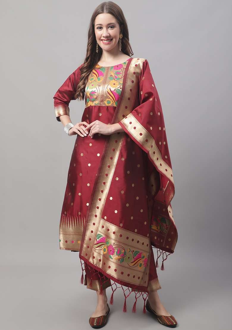 Maroon Jacquard Blended Straight Kurta Set - Indya