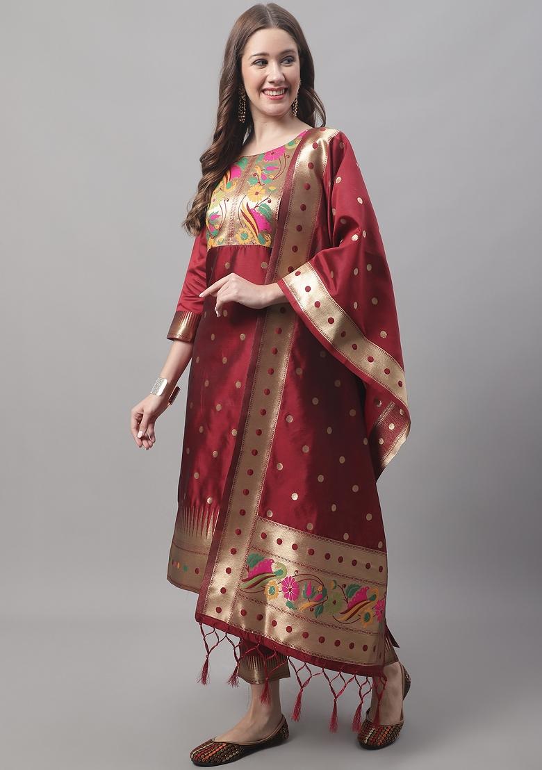 Maroon Woven Cotton Blend Salwar Kameez With Dupatta