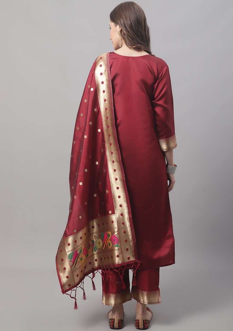 Maroon Jacquard Blended Straight Kurta Set - Indya