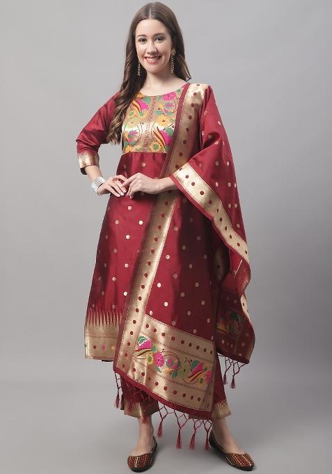 Maroon Jacquard Blended Straight Kurta Set