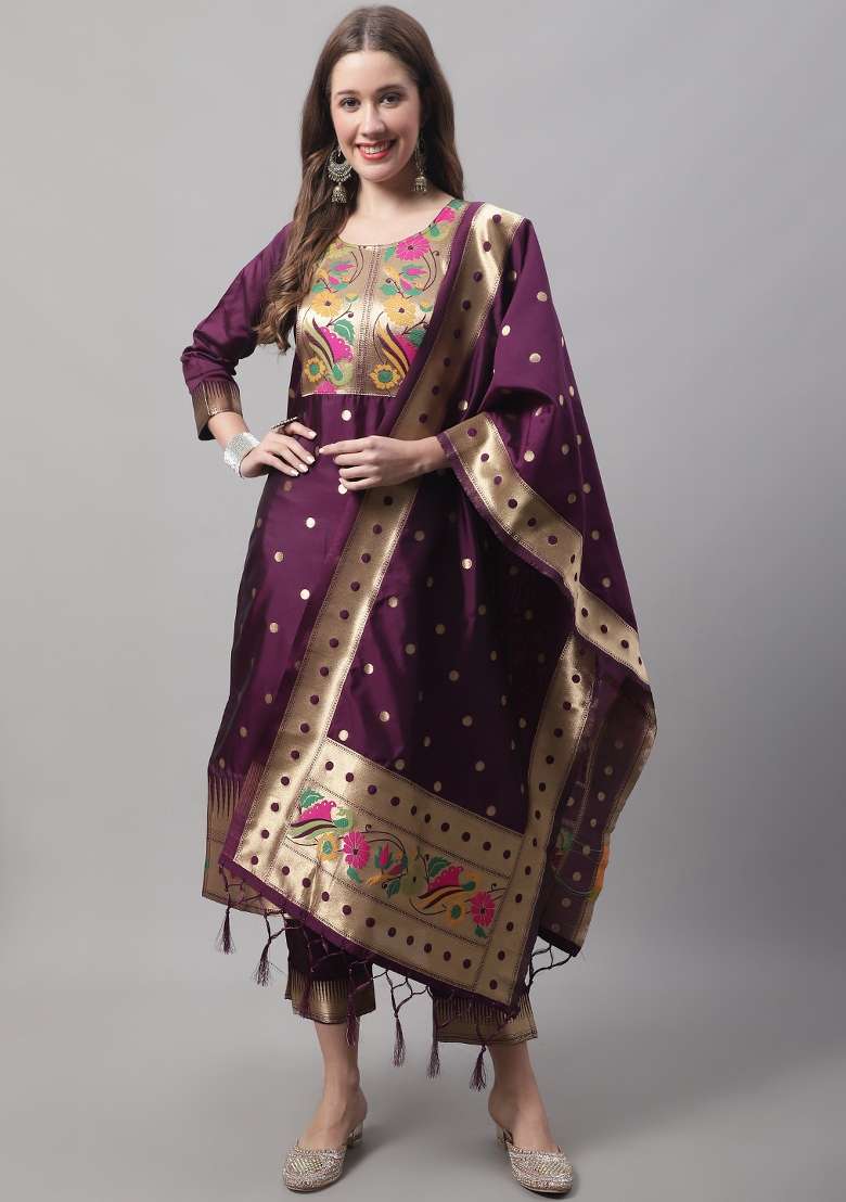 Purple Jacquard Blended Straight Kurta Set - Indya
