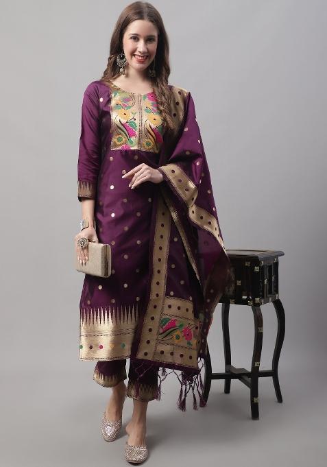 Purple Jacquard Blended Straight Kurta Set