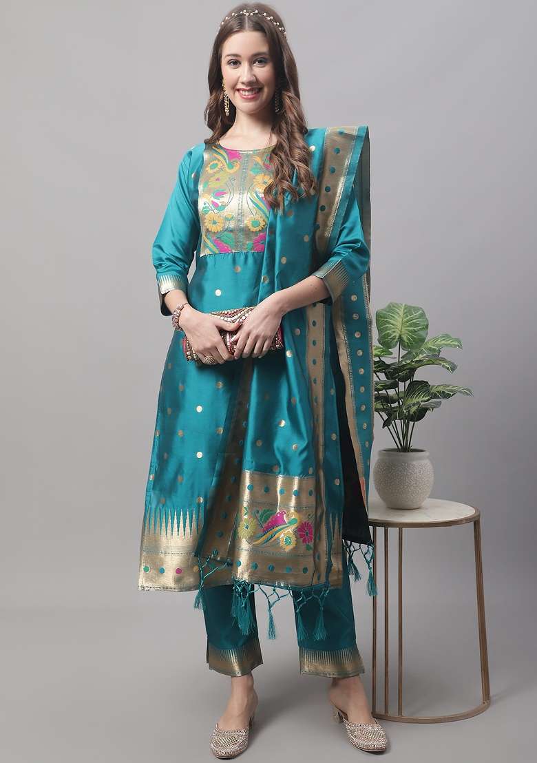 Rama Blue Jacquard Cotton Straight Kurta Set - Indya