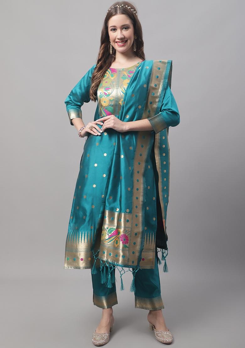 Rama Blue Woven Cotton Blend Salwar Kameez With Dupatta