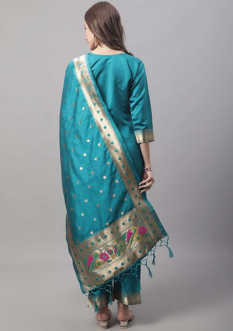 Rama Blue Jacquard Cotton Straight Kurta Set - Indya