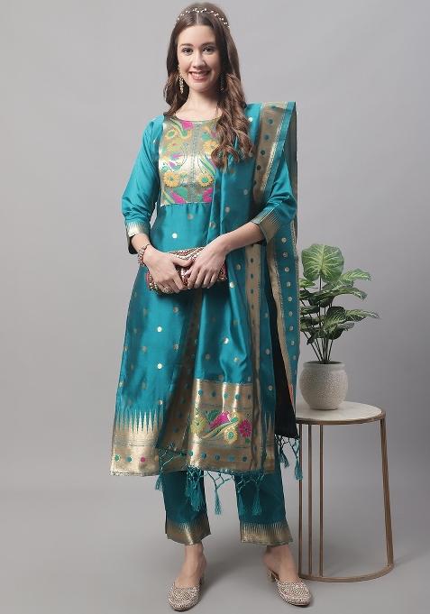 Rama Blue Woven Cotton Blend Salwar Kameez With Dupatta