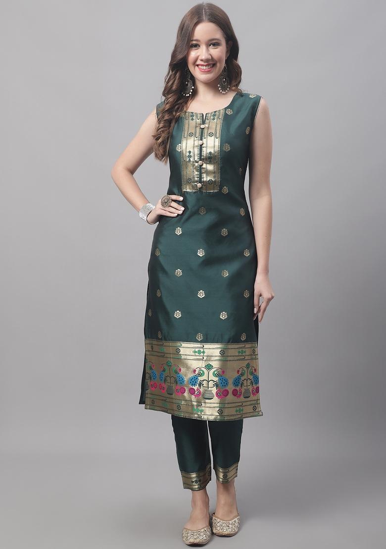 Green Woven Cotton Blend Salwar Kameez With Dupatta