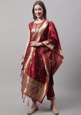 Maroon Woven Cotton Blend Salwar Kameez With Dupatta