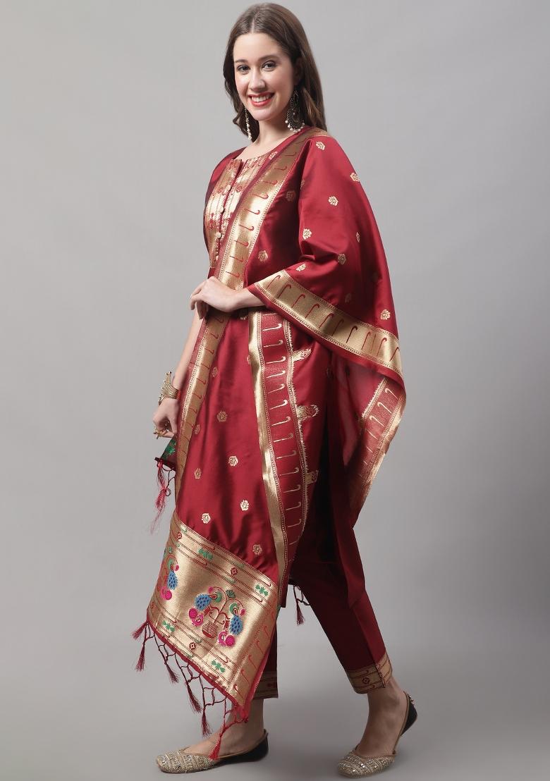 Maroon Woven Cotton Blend Salwar Kameez With Dupatta