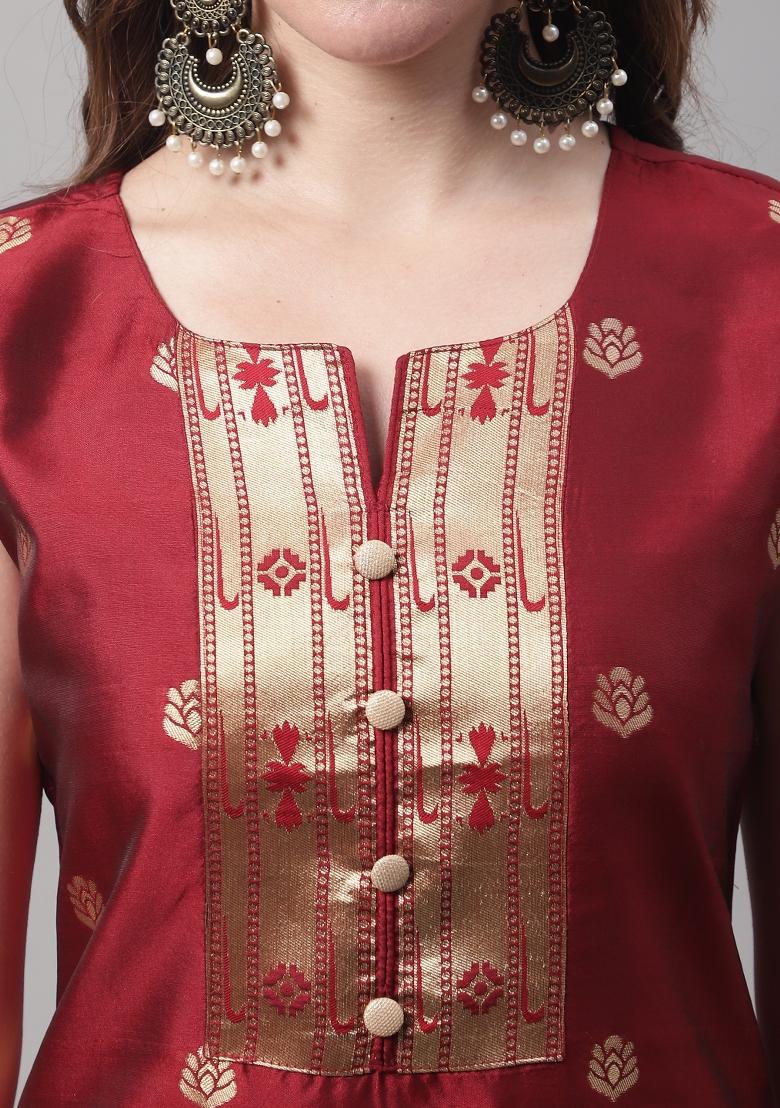Maroon Woven Cotton Blend Salwar Kameez With Dupatta