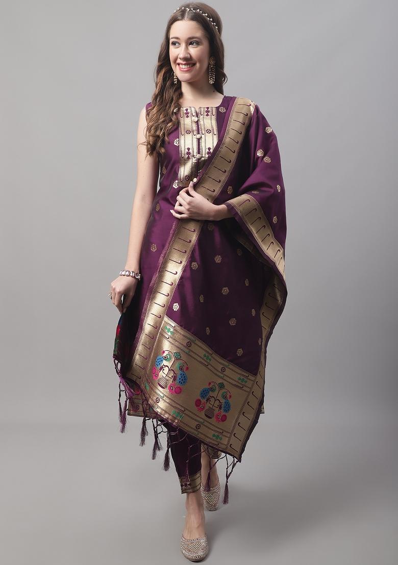 Purple Woven Cotton Blend Salwar Kameez With Dupatta